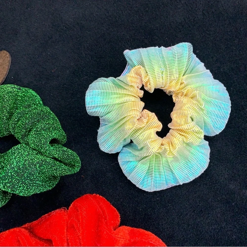 Vintage Set Of 3 Hair Ties Scrunchy Holiday Red Green Iridescent 90s Retro